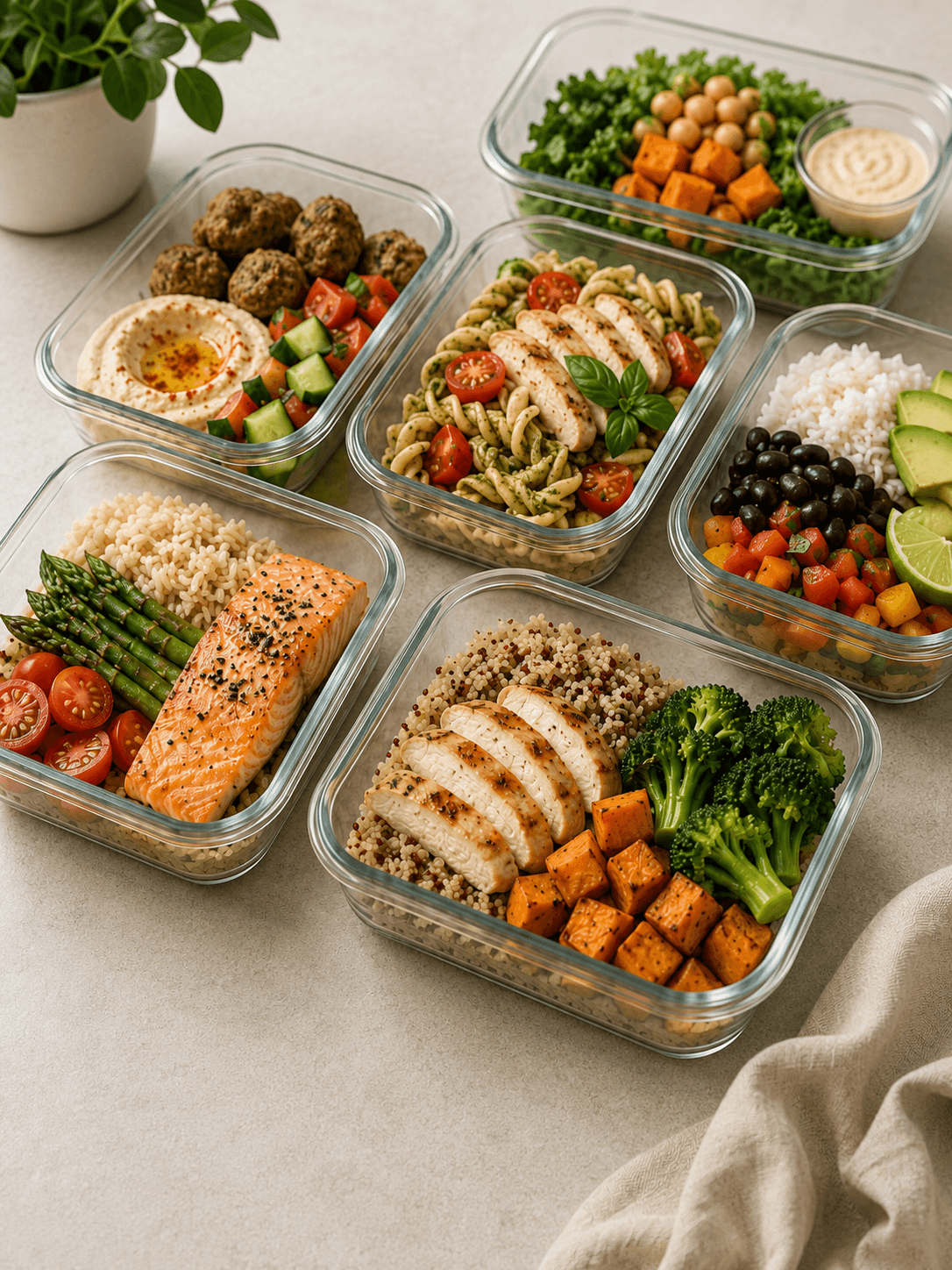 Variedad de comidas fit en contenedores de meal prep