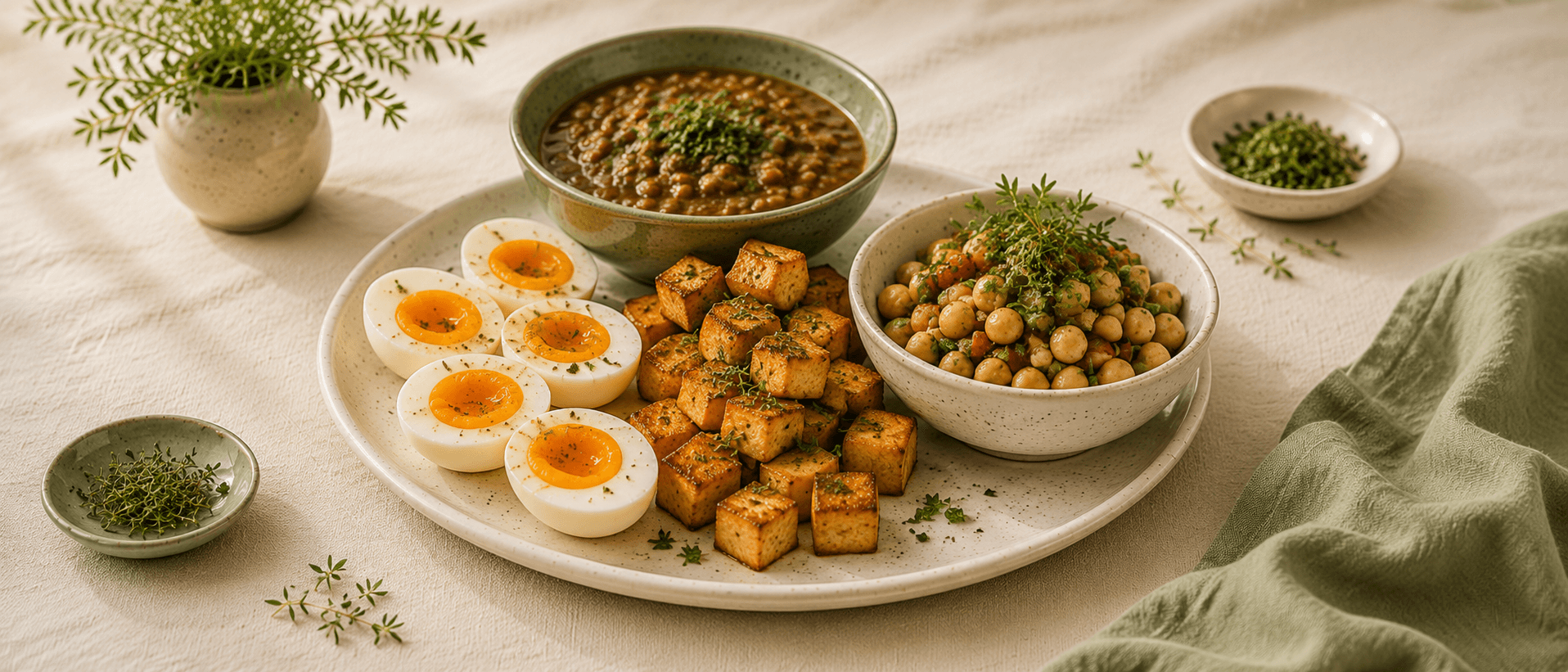 Huevo, tofu y garbanzos — opción vegetariana