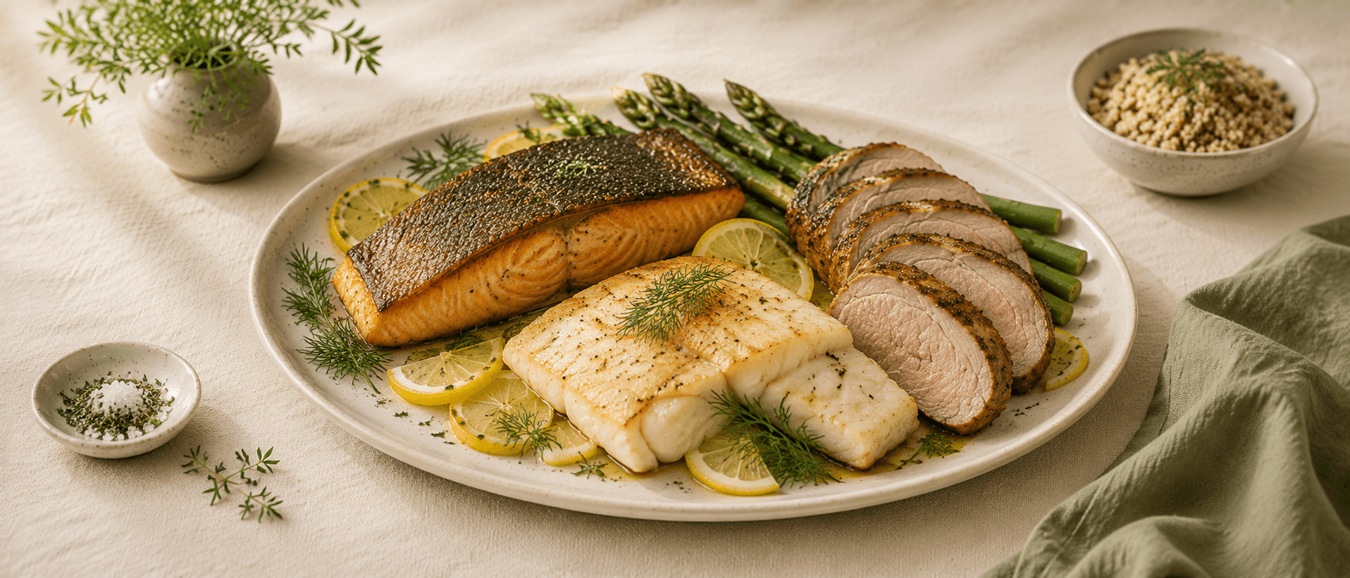 Salmón, pescado blanco y cerdo a la plancha con espárragos