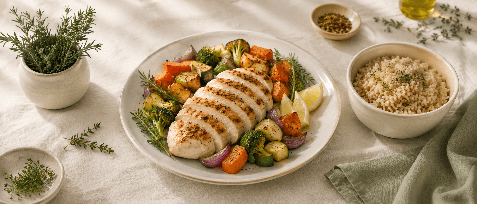 Pollo a las hierbas con vegetales asados y couscous