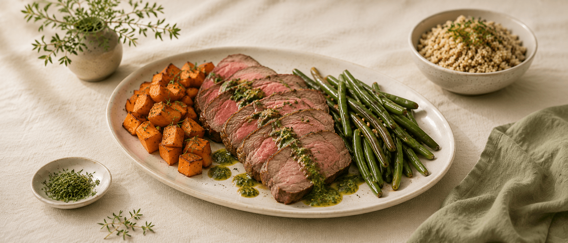 Res con chimichurri, camote asado y ejotes