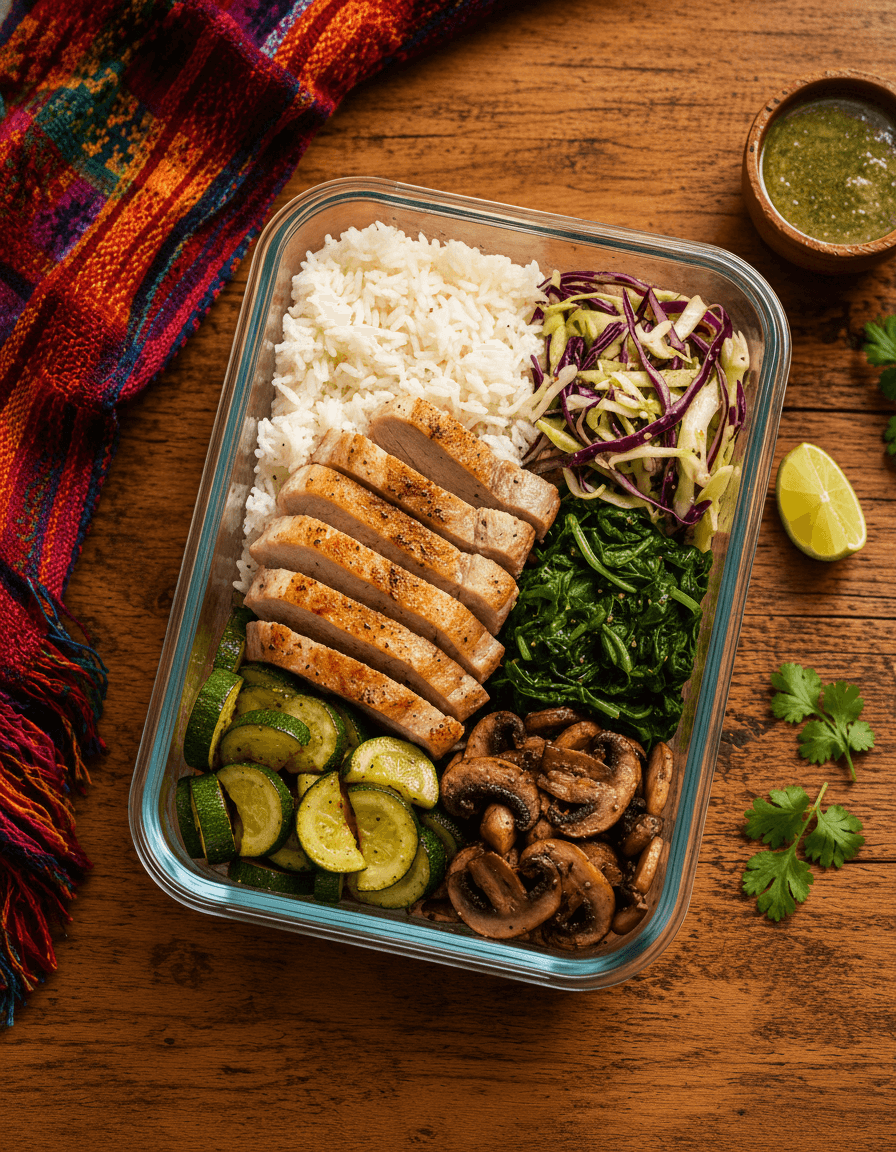 Lomo de cerdo salteado con Espinaca, Repollo y Calabacín, acompañado de arroz blanco