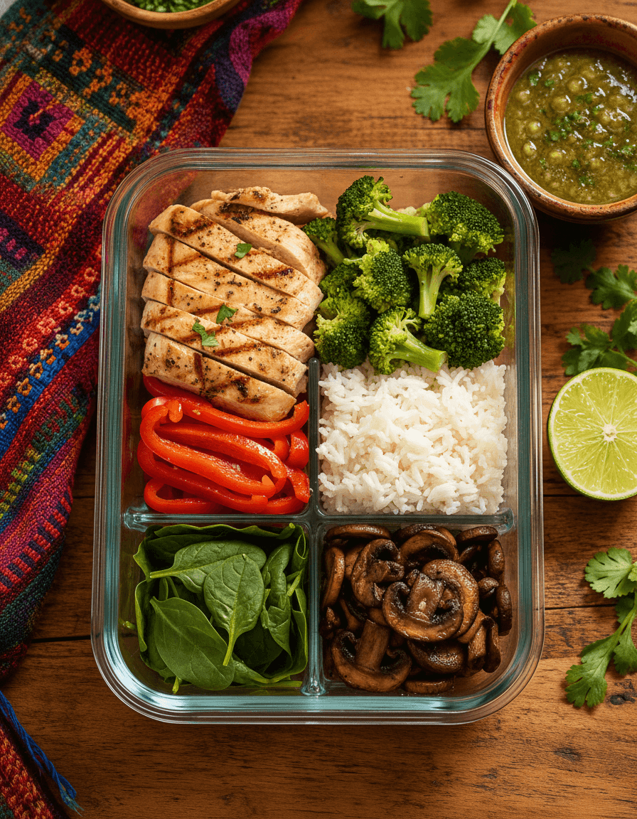 Pechuga de pollo a la plancha con Brócoli, Pimiento y Espinaca, acompañada de arroz blanco