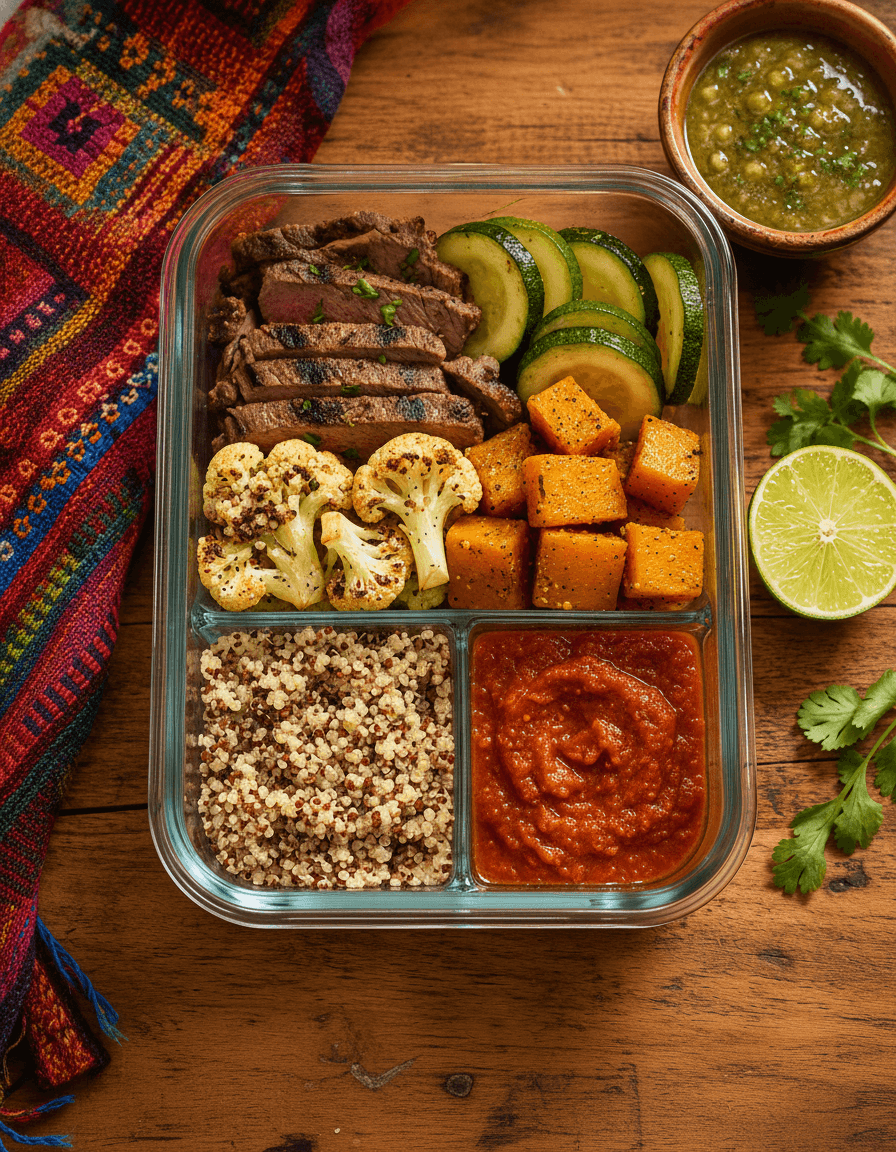 Lomo de res a la plancha con Calabacín, Coliflor y Calabaza, acompañado de quinoa